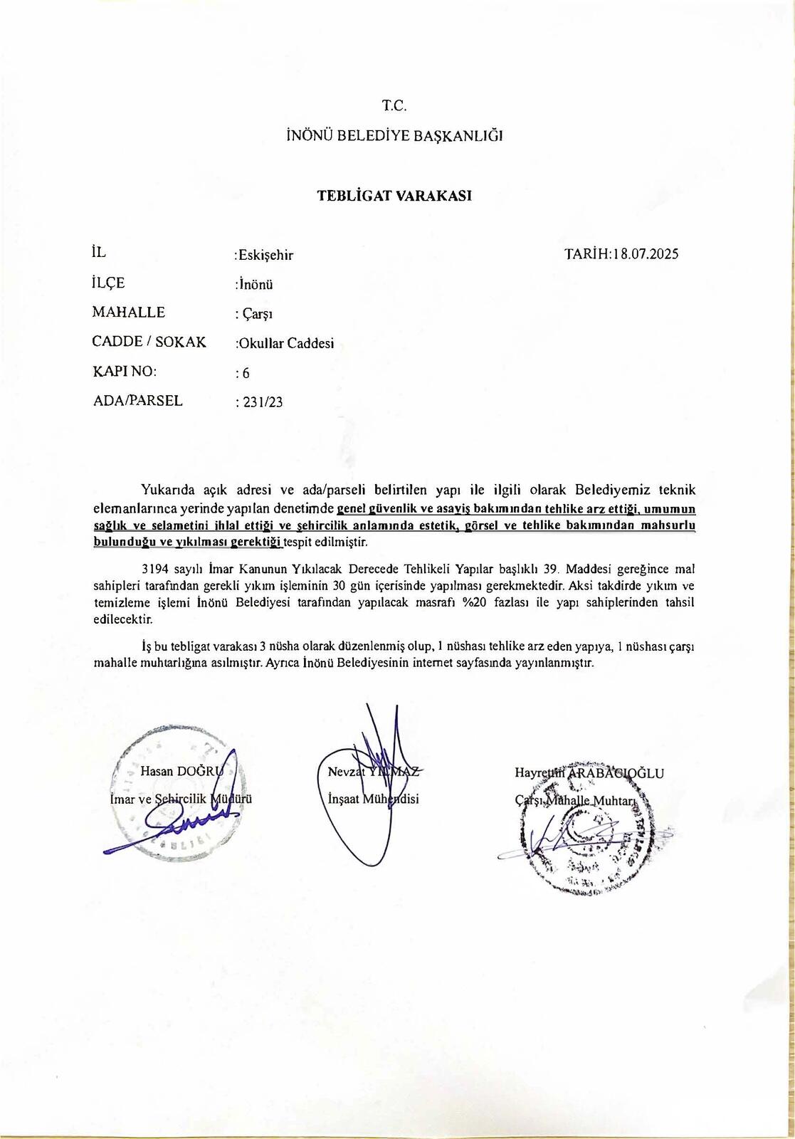 T.C. İNÖNÜ BELEDİYE BAŞKANLIĞI  TEBLİGAT VARAKASI 