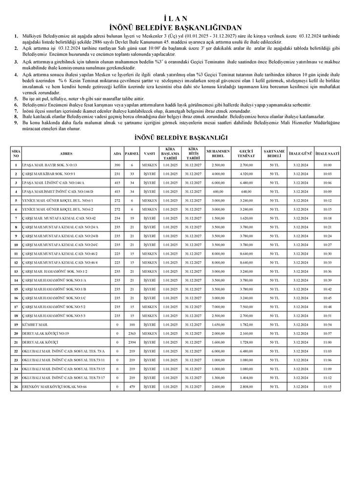 İ L A N İNÖNÜ BELEDİYE BAŞKANLIĞINDAN