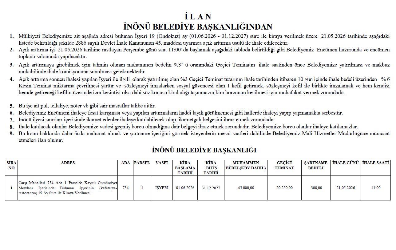 İLAN  Çarşı Mahallesi 734 Ada 1 Parselde Kayıtlı Cumhuriyet Meydanı içerisinde Bulunan İşyerinin (kafeterya- restorantın) 19 Ay Süre ile Kiraya Verilmesi.